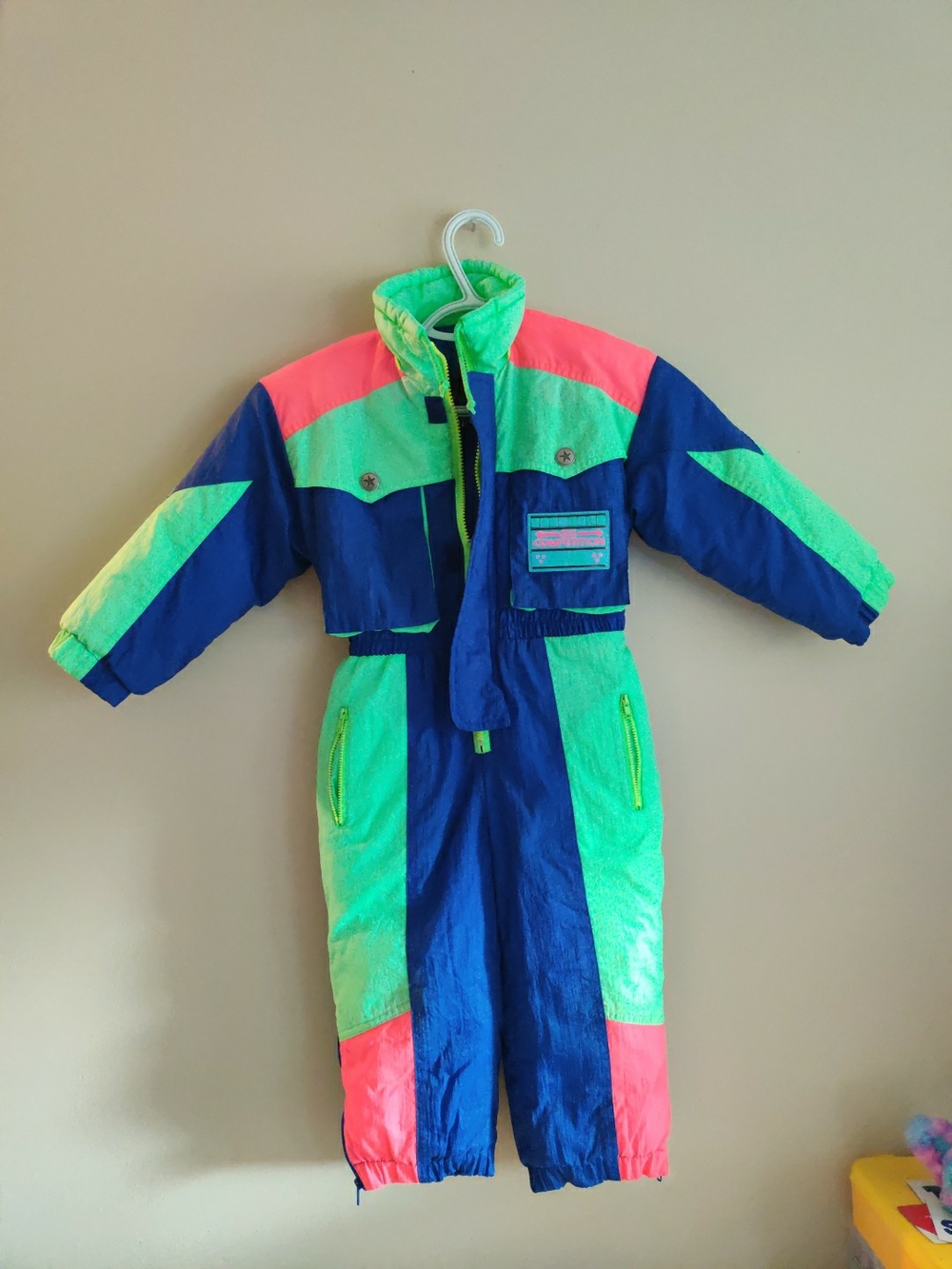 Kids Neon Colorblock One-Piece Snowsuit - Blue/Green/Pink